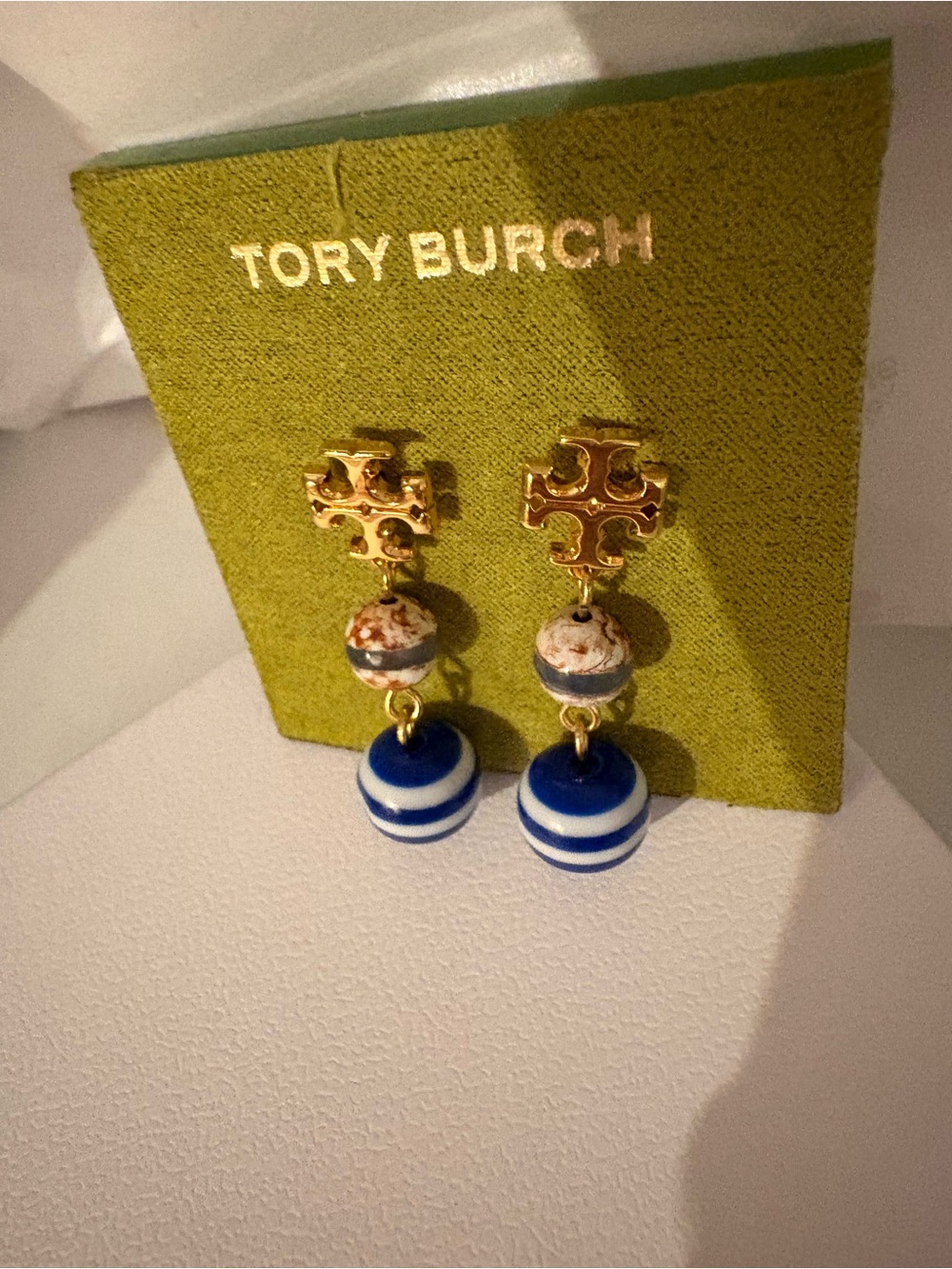 Tory Burch Gold Logo Earrings with Blue & White Striped Drops